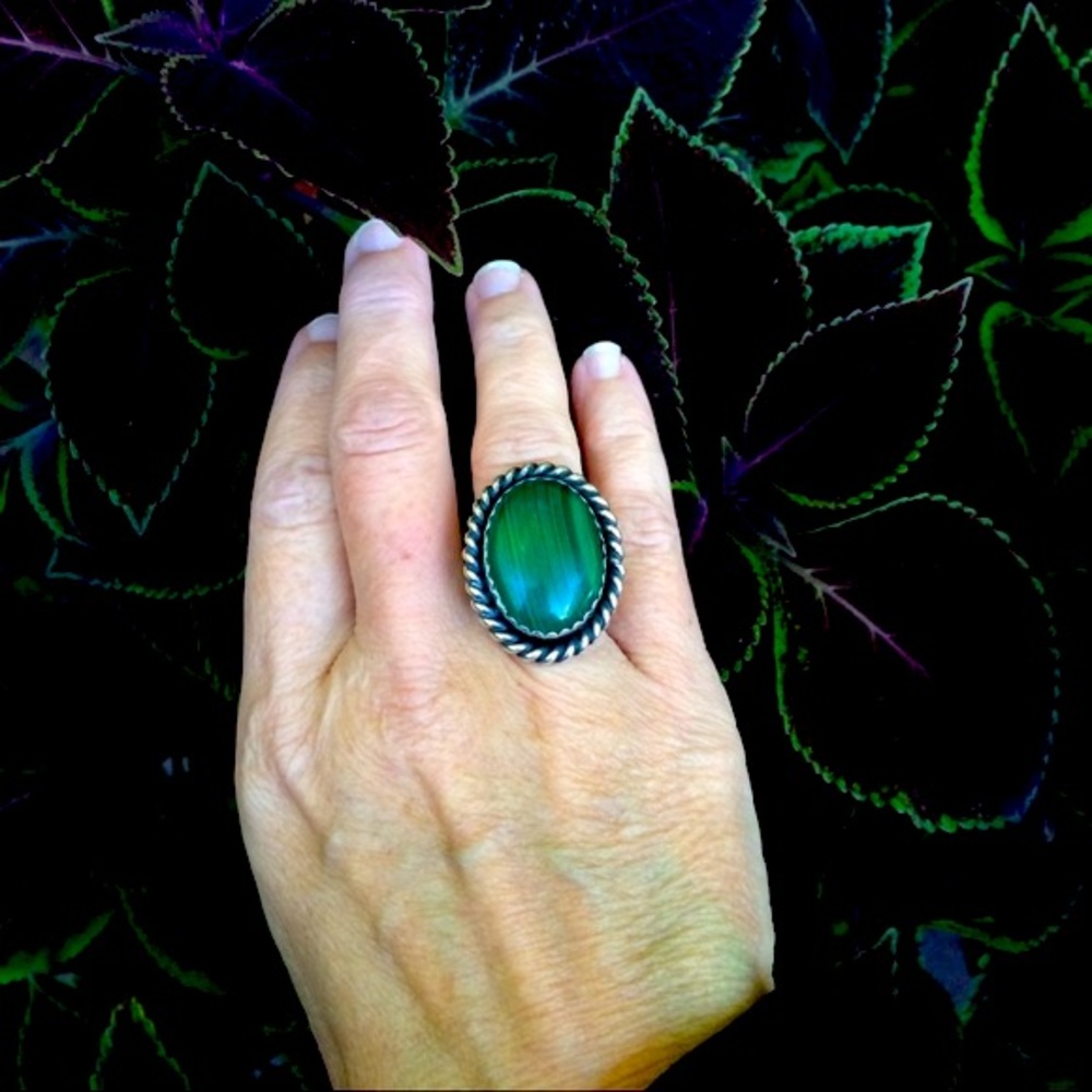 SIGNED Vintage Malachite & Sterling Ring Size 7